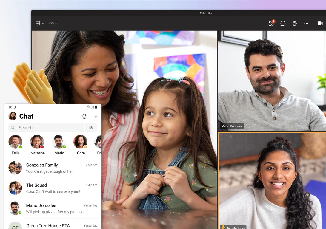A family video call on Teams and the chat screen in Teams showing many conversations.